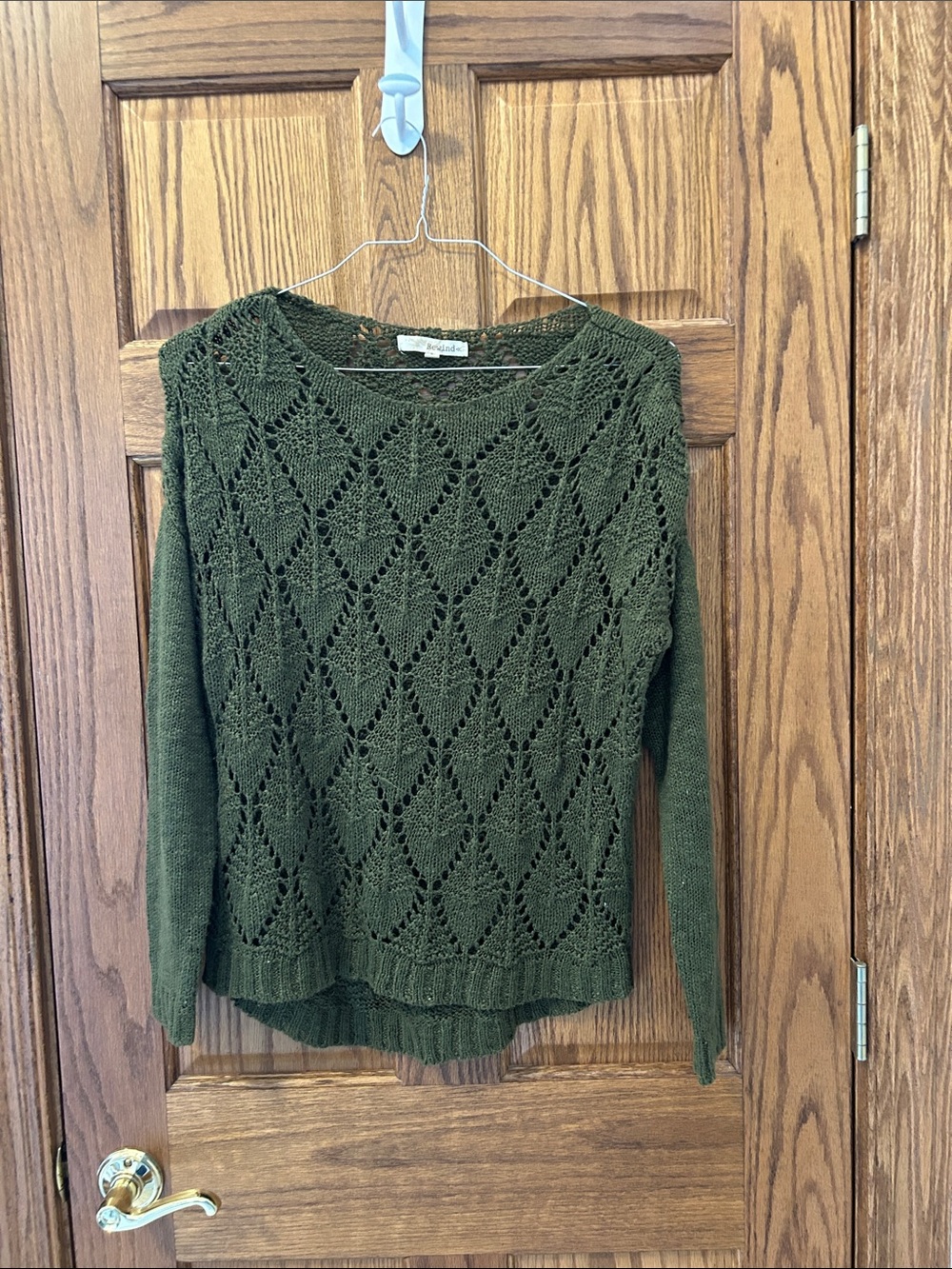 Rewind Olive Green Openwork Crew Neck Sweater